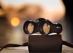black binoculars on top of leather case against blurred background