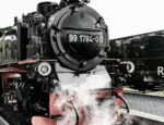 black and red locomotive train